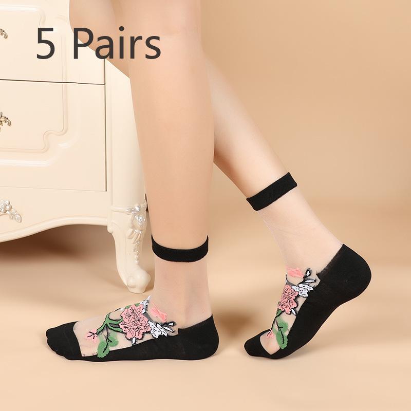 5 Pairs of Women's Summer Thin Fashion New Flower Tube Crystal Stockings