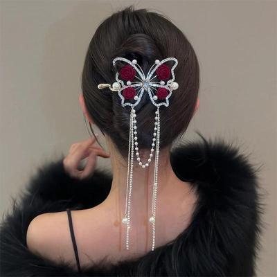 Módní Červená růže Butterfly Střapec Vlásenka Dámské Retro Elegantní Jednoslovné Vlásenka Přezka do culíku Spona do vlasů Vlasové doplňky