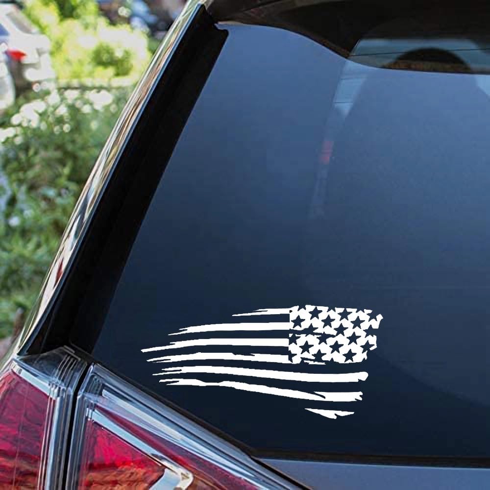 Distressed Tattered n Flag Sticker Vinyl Decal US Flag Sticker for Car Truck Window Bumper Laptop Set of 2 (White)