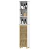 Bathroom column, bathroom storage unit with bamboo slatted door and open compartments, white