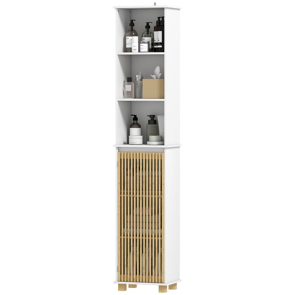 Bathroom column, bathroom storage unit with bamboo slatted door and open compartments, white