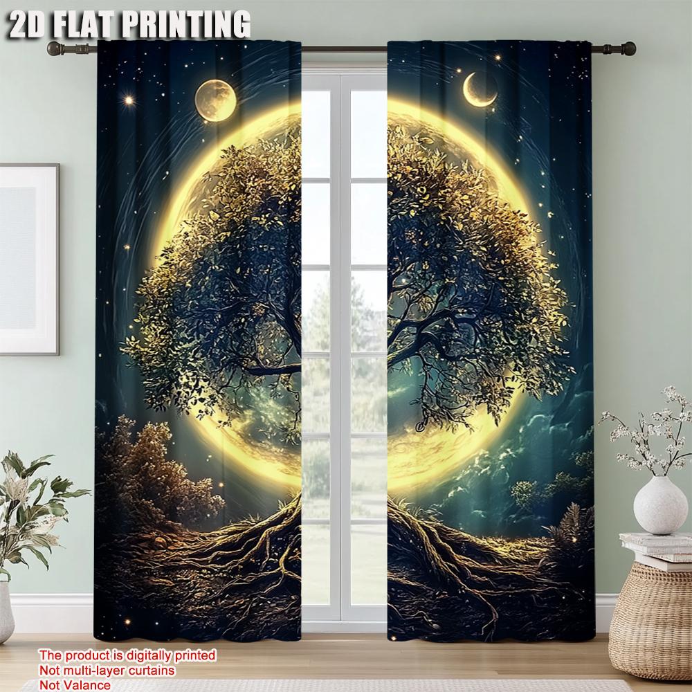 2Pcs Coastal Forest Tree Print Curtains Rod Hole Design For Kitchen Living Room Office Bedroom Home Decor Sun Privacy