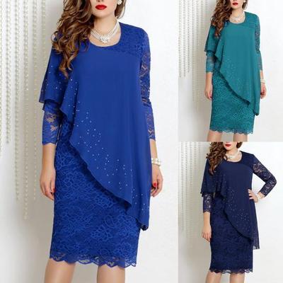Elegant Women Solid Color O Neck 3/4 Sleeve Party Banquet Slim Knee-length Dress