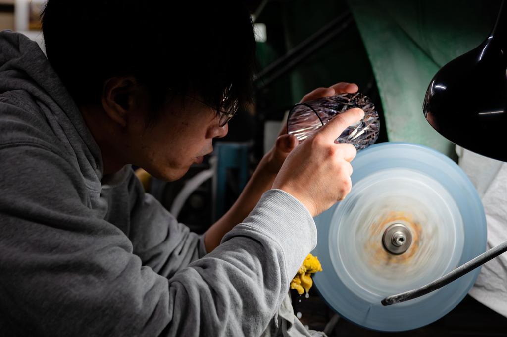 Glass Studio Saiho Edo Kiriko Shochu Glass, Rocks Glass, Tumbler Glass, Sake Cup, Blue Fuji and Cherry Blossom Design, Made In Japan, Wooden Box,