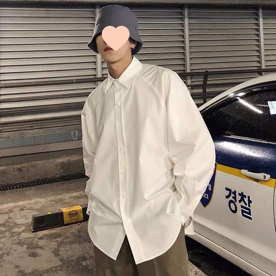 Hong Kong Style Men's Loose Solid Color Long Sleeve Casual Shirt, Plus Size, White, Spring/Autumn