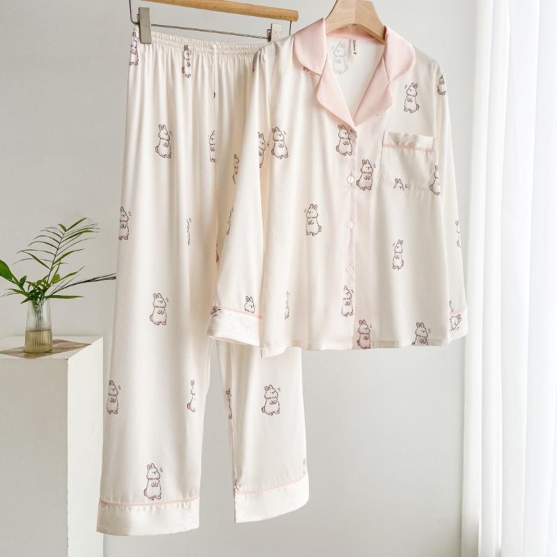 Spring and Summer Fashion Printed Ice Silk Pajamas Suit Women's Casual Wear Loose Satin Home Service Suit