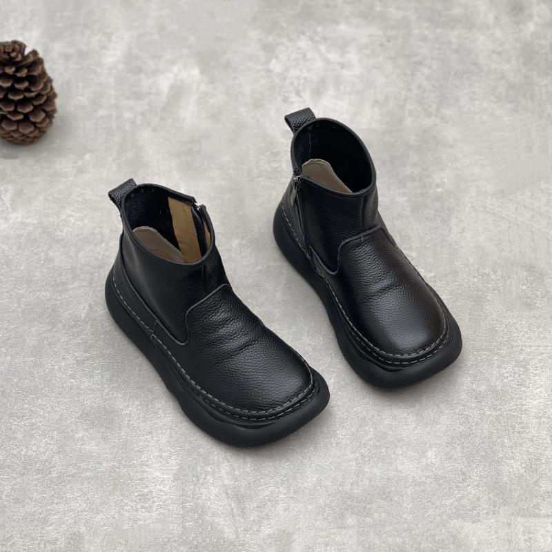 Johnature Ekte skinn Ankelstøvletter med myk såle Retro Rund tå Glidelås på siden Kvinners Flate Korte Støvletter