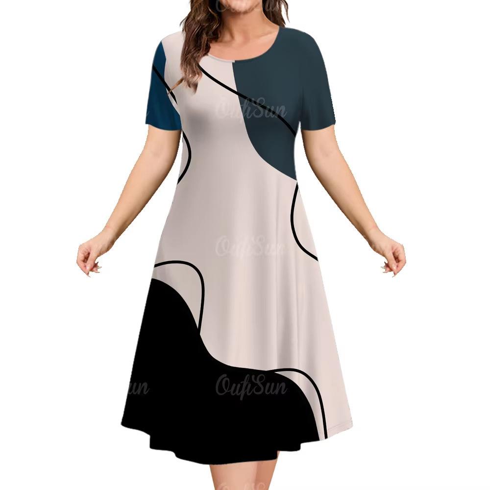 Elegant Women Short Sleeve Fashion 3d Print Midi Dress Plus Size Beach Clothing