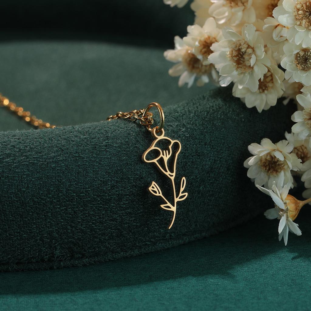 Kinitial Birth Flower Necklaces For Women Girls Stainless Steel 12 Month Flower Necklaces Birthday Jewelry Gift