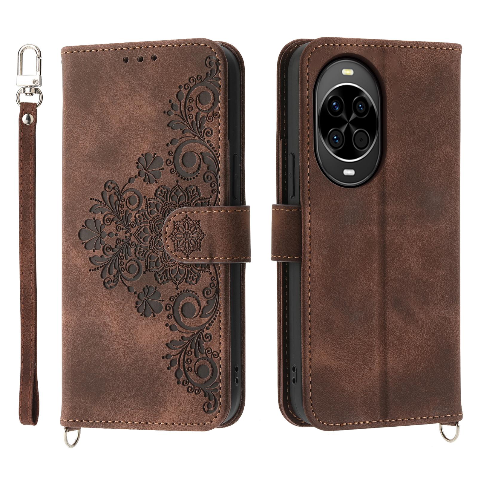 

For Huawei nova 14 5G Case Flower Pattern PU Leather Wallet Phone Cover with Strap Brown