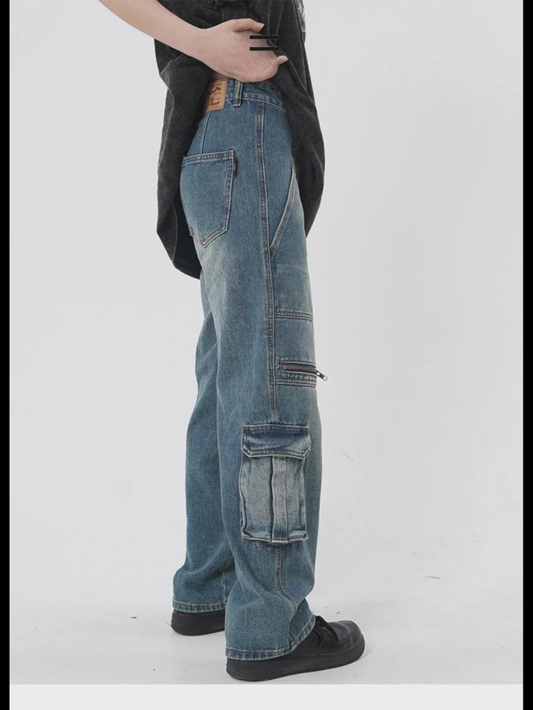 Unisex Retro High Street Pocket Jeans: Loose, Wide-Leg, Straight Fit Workwear for Couples