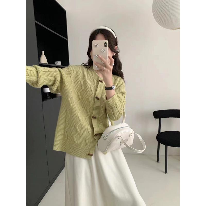 Eck Schnallen Design Pullover Jacke Damen Neu Locker und Lässig Zopfmuster Gestrickte Strickjacke Außenbekleidung