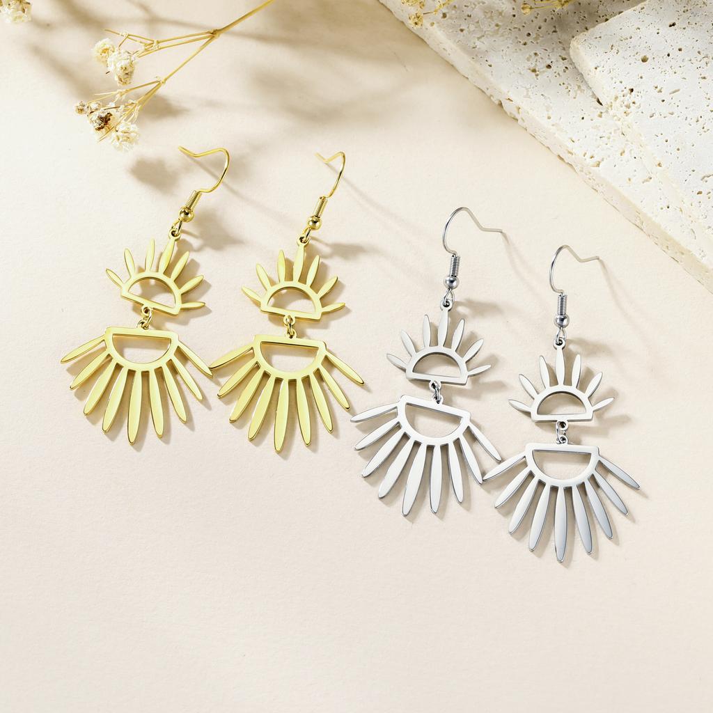 Lucktune Hollow Wing Fan-shaped Drop Earrings Stainless Steel Gold Color Geometry Sun Dangle Earrings for Women Jewelry Gifts