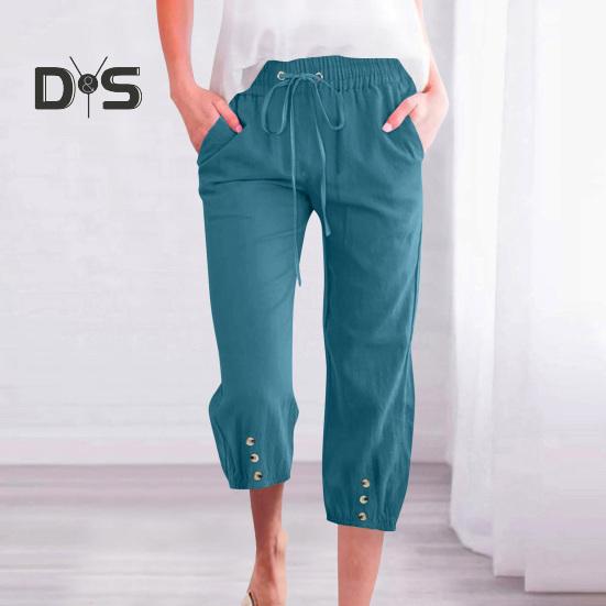 Women Cropped Pants Elastic Waist Adjustable Drawstring Casual Trousers with Pockets Sporty Loose Leg Design Mid-calf Pants