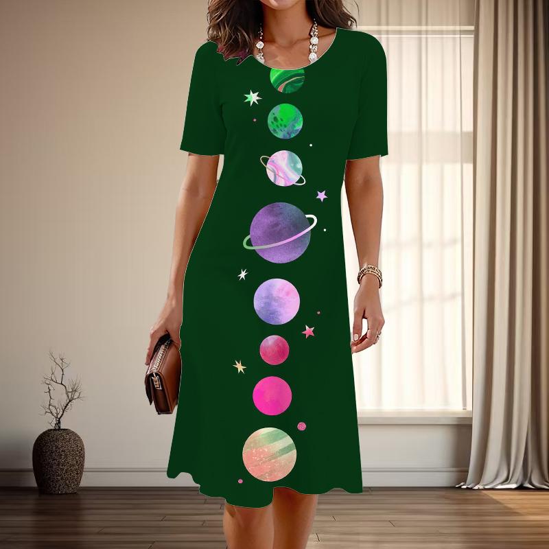

Женская мода изящный планета принт лето весна короткий рукав О-образный вырез повседневные платья 8XL зелёный