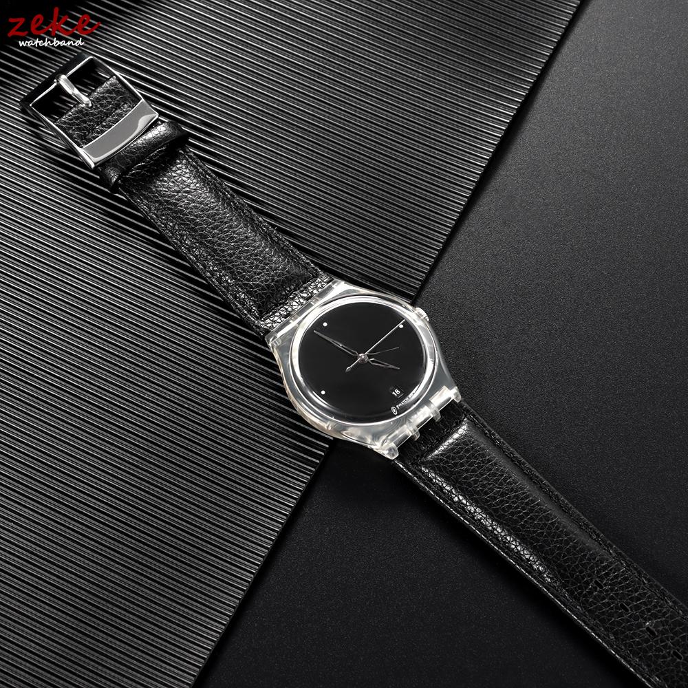 Wristband 17mm for Swatch Watch Strap Genuine Cowhide Leather Bracelet Men Women Business Black Buckle Replacement Watchband