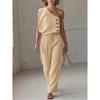 Women's Loose Fit Two Piece Pant Suit One Shoulder Sleeveless Button Detail Solid Wide Leg Long Pant Matching Outfit