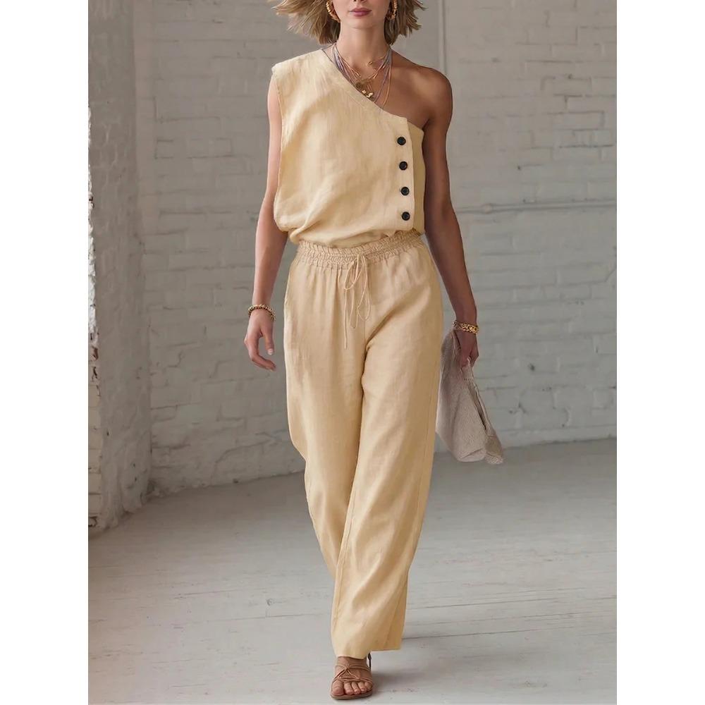 Women's Loose Fit Two Piece Pant Suit One Shoulder Sleeveless Button Detail Solid Wide Leg Long Pant Matching Outfit