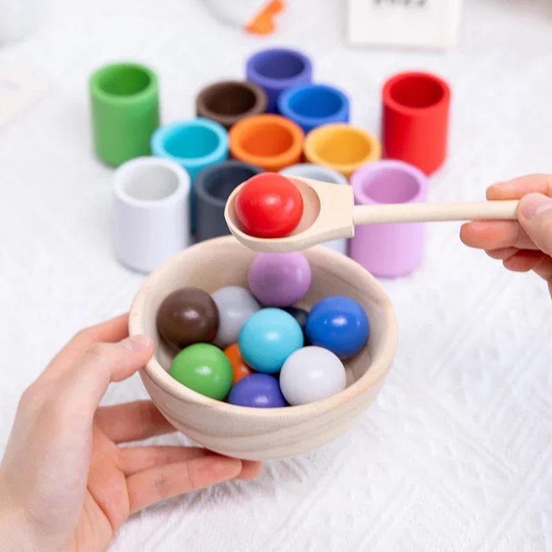 Non-Toxic Baby Montessori Wooden Toy Rainbow Ball Matching Game Toy Color Cognitive Matching Early Education Learning Toys For Children