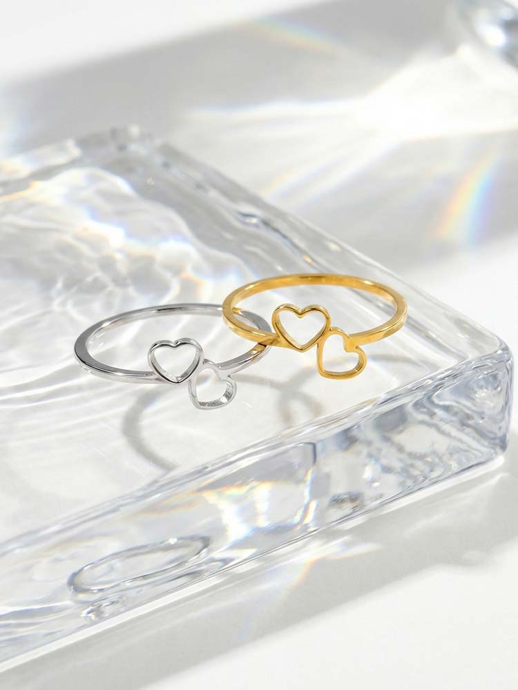 Double Heart Rings for Women, Stainless Steel Promise Ring Rustproof Jewelry