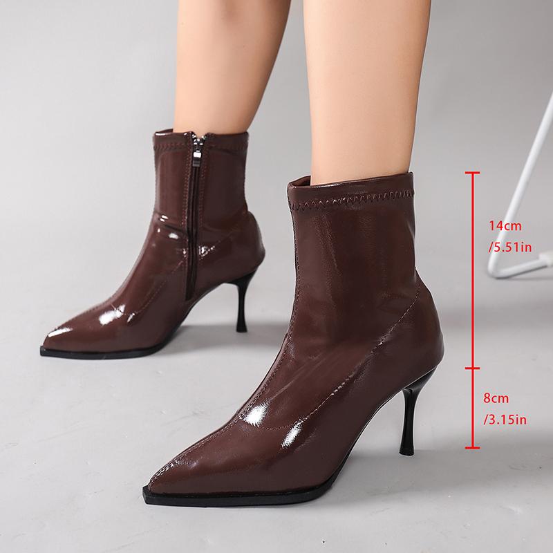 Fashion Patent Leather Women Ankle Boots Zipper Shoes Sexy Thin Heels Pointed Toe Modern Short Botas Mujer