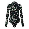 Women's Mock Printing Fashion Turtle Neck Tops Long Sleeve Bodysuit Jumpsuit