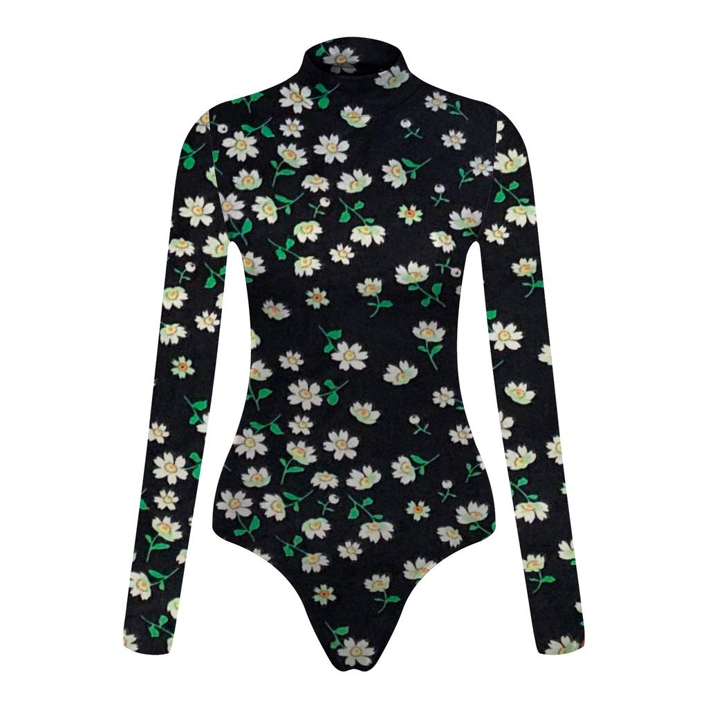 Women's Mock Printing Fashion Turtle Neck Tops Long Sleeve Bodysuit Jumpsuit