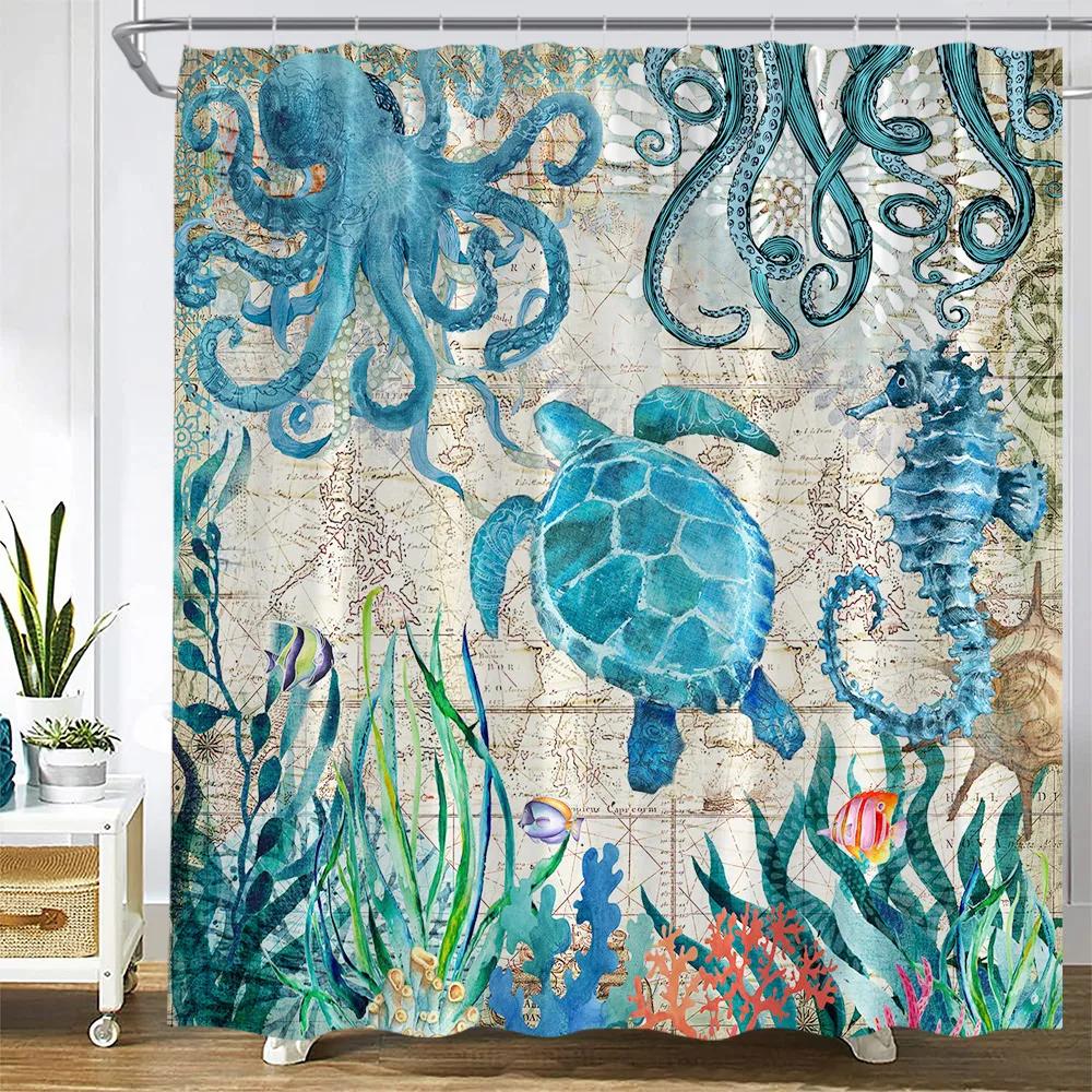 Octopus Sea Turtle Shower Curtain Watercolor Animal Dolphin Tropical Fish Coral Underwater Landscape Curtains Bathroom Decor Set