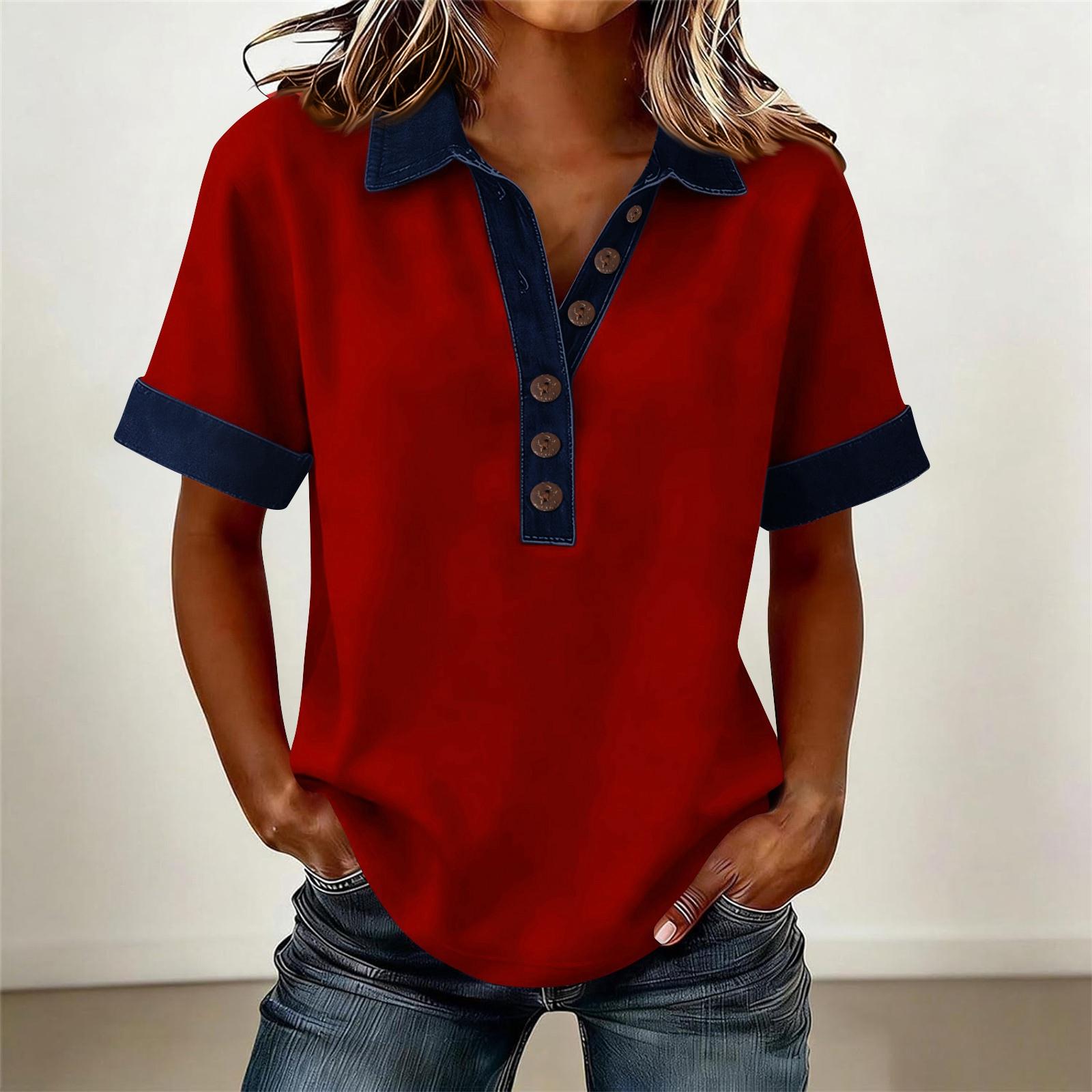 

Джинсовые Рубашки Пэчворк Для Женщин Стойка Воротник Повседневная Блузка Короткий Рукав Удобная Футболка Весна Лето Мода S красный
