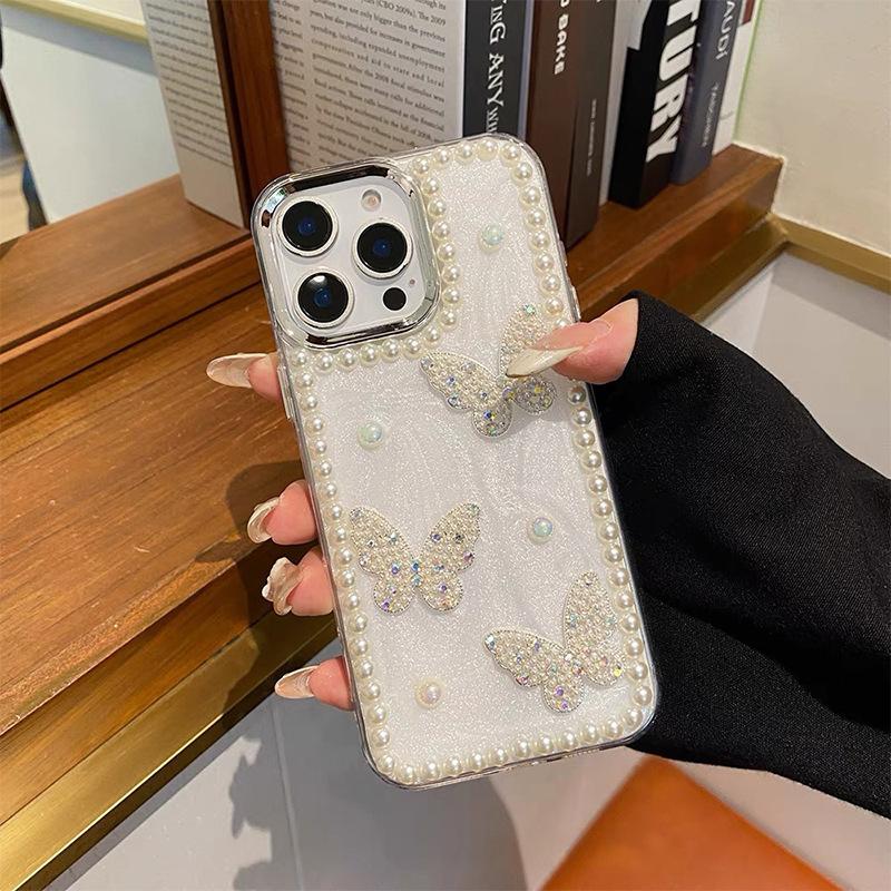 For Apple 16 Promax Mobile Phone Case New Style for IPhone 15 Small Fresh Style 17 Pearl Transparent Butterfly Glitter Powder