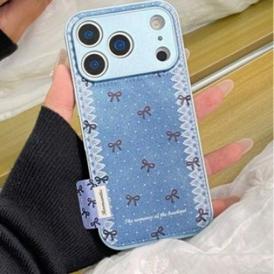 

iPhone 17 Pro Max Retro Denim Texture Black Bow Lace Protective Case iPhone 14 Pro