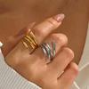 Stainless Steel Gold Color Geometric Open Rings For Women Vintage Metal Irregular Hollow Adjustable Ring Zircon Gift