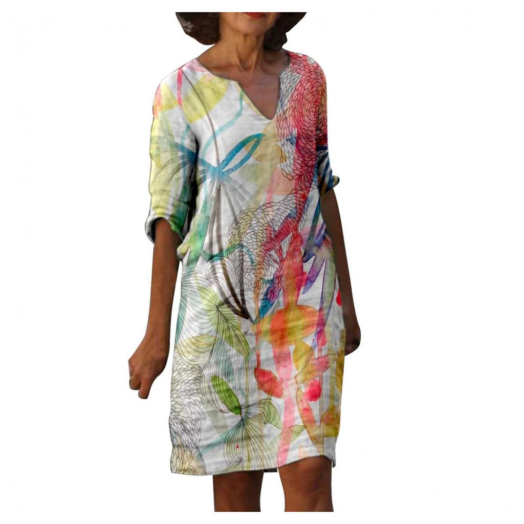 Women's V Neck Short Sleeve Dress Casual Printed Dress Beach Dress Bohemian Dress Lightweight Loose Fit Summer Dress