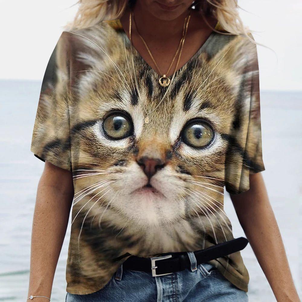 Summer V-neck 3D Cute Animal Cat Printed Top Fashionable Casual Short Sleeved Women's T-shirts