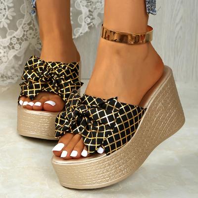 Fashion Bowknot Decor Chunky Platform Sandals Women Fashion Plaid Pattern Wedge Heel Sandals Woman Summer Thick Bottom Beach Slippers