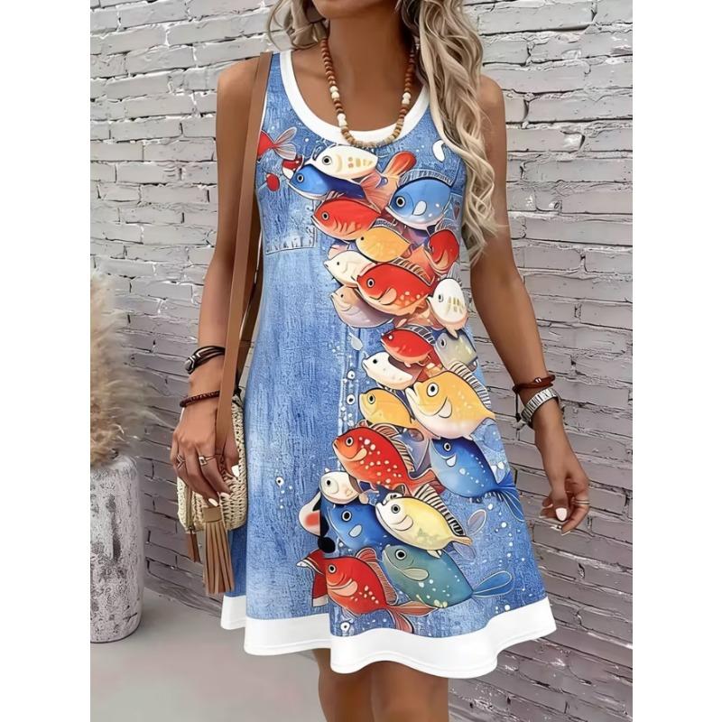 Women's Fashionable Printed Casual Sleeveless Dress, Machine Washable, Comfortable and Versatile