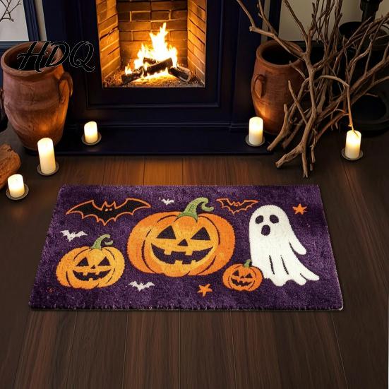 Absorbent Bathroom Rug Halloween Bath Mat Pumpkin Ghost Bat Pattern Rug Living Room Carpet Machine Washable Non-Slip Gothic Area for Entrance
