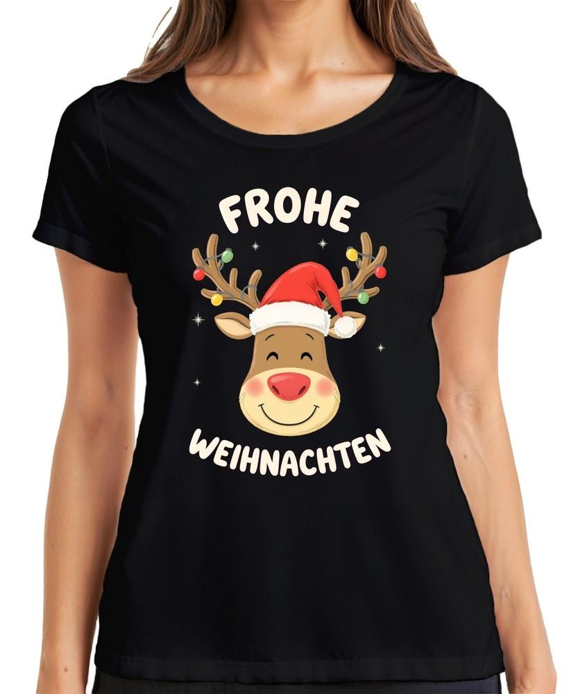 Merry Christmas Reindeer Santa Hat Cartoon Kids Funny Ladies TShirt