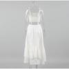 Summer Lace White Cotton and Linen Women's Suit Holiday Beach Suspender Square Neck Short Top + Mid Skirt Two-piece Set
