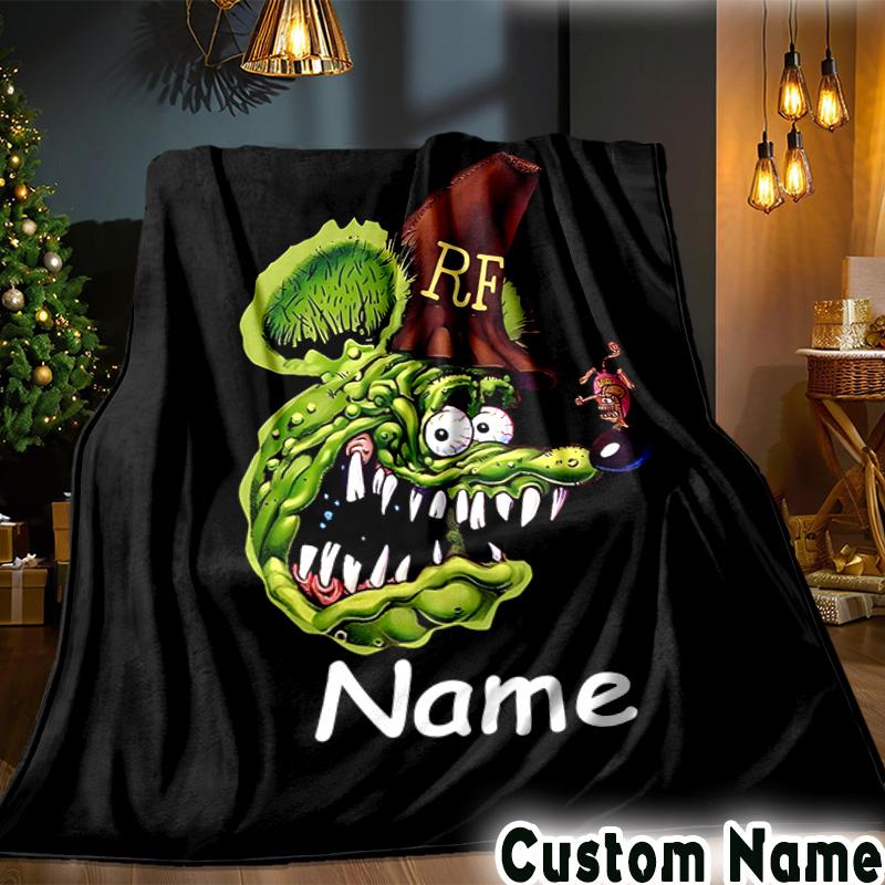 Custom Name Rat Fink Throws Blanket Flannel Blankets for Couch Bed Gifts for Men Women Picnic Blanket Christmas Fan Gifts