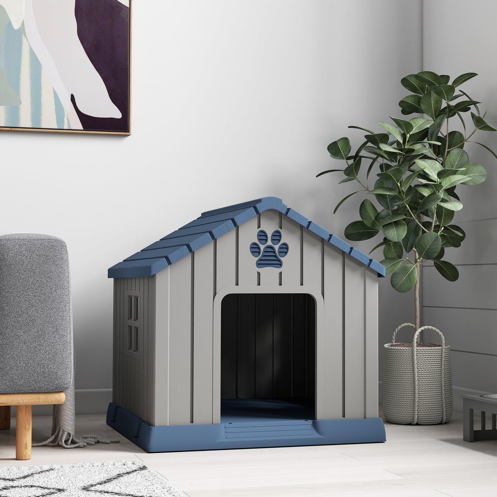 Waterproof Outdoor Dog House for Medium Size Dogs with Raised Base and Windows, 85x79x82 cm, Grey