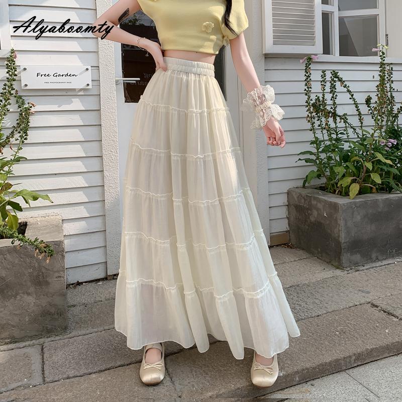 French Style Spring Fall Women Princess Maxi Long Skirt High Waist Black White Beige Green Layered Ruffles Skirt Elegant Feminine Tierred Skirts