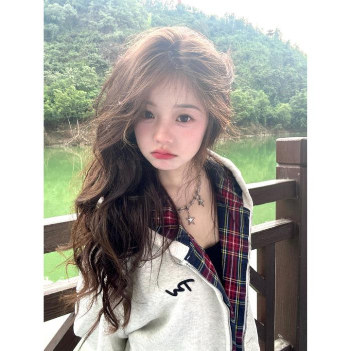 

American retro plaid hooded sweater women s spring and autumn oversize thin coat loose lazy wind cardigan top M белый