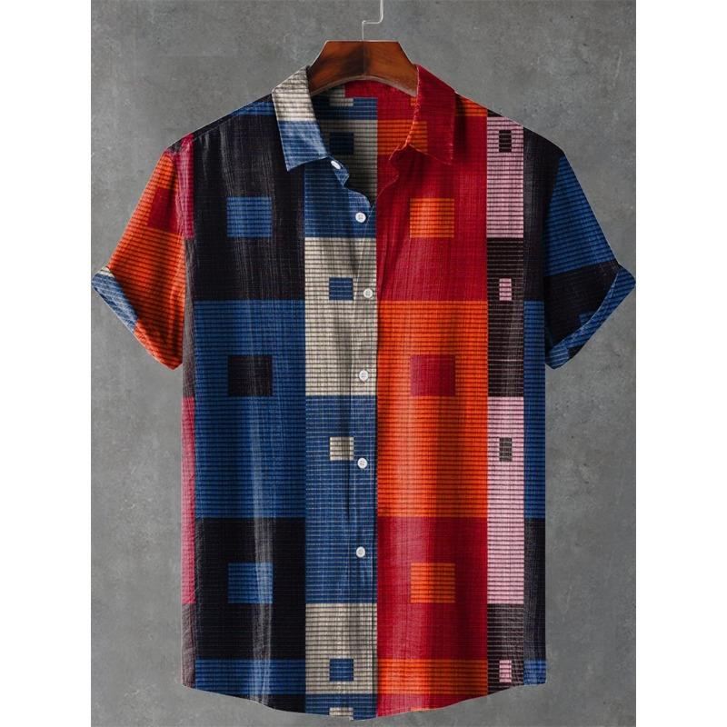 Camicia da Uomo Hawaiana Vintage in Lino a Maniche Corte Stampa Completa Fantasia Geometrica Manica Corta Casual da Spiaggia Abbigliamento Streetwear