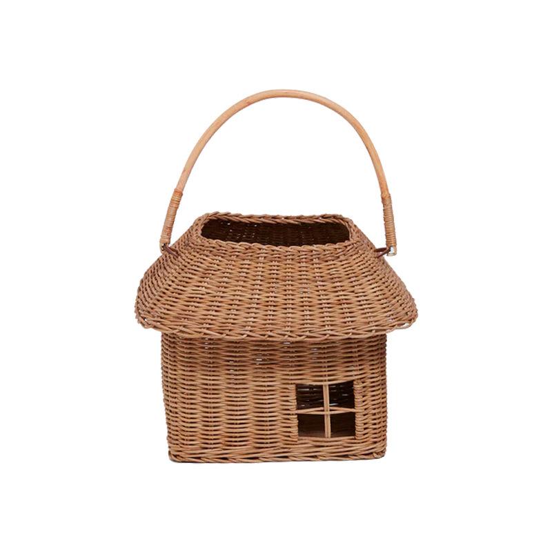 Rattan House Shape Storage Basket with Lid Small Doll House Decorative Hand Woven Shelf Organizer with Handle for Picnic Gift