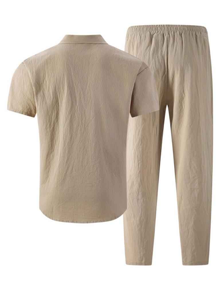 Men's Casual Linen Beachwear Set: Short Sleeve Shirt & Long Pants with Double Pockets