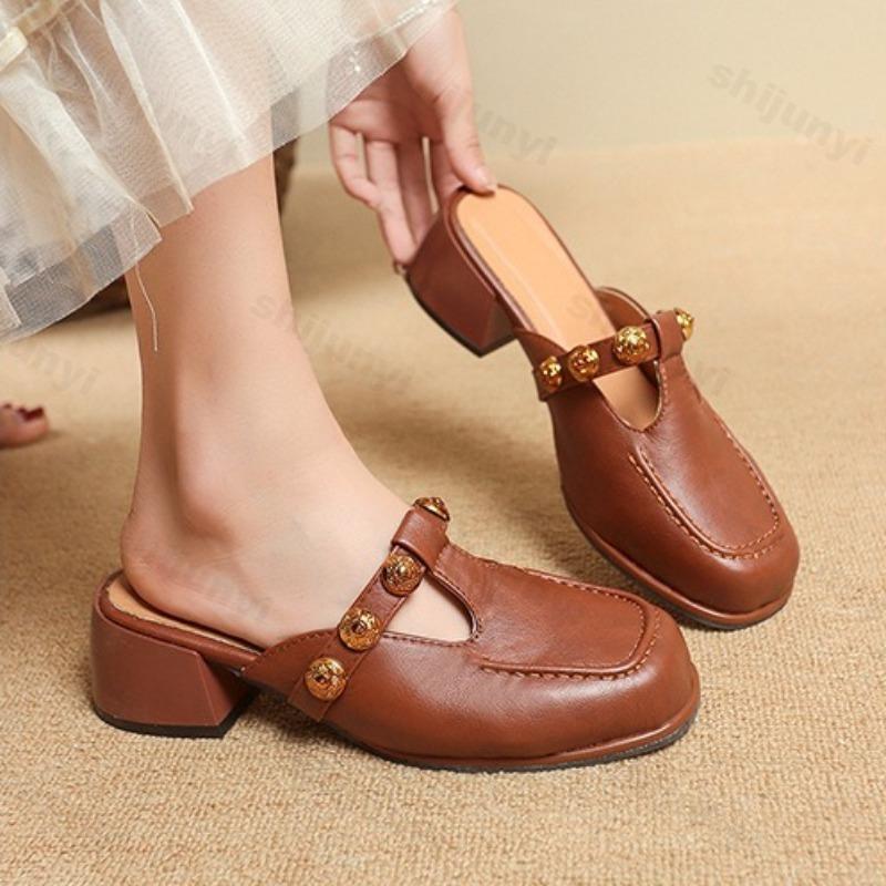 Fashion Retro Hollow Half Slippers Women's Summer 2025 French Style Fashion Comfortable Mary Jane Single Shoes Outdoor Square Head Pumps