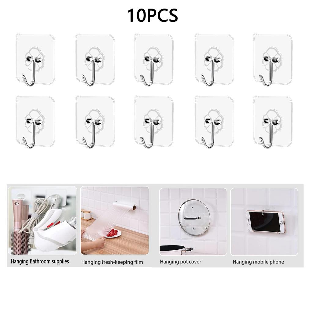 10 Pieces of Wall Hooks Self-adhesive Transparent Multi-purpose Wall Frame, Door Frame, Kitchen Storage