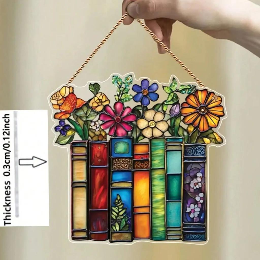 1pcs2D Flat Flower Book Acrylic Hanging Decoration, Library Book Window Hanging, Reader Gift, Bookish Library Decoration