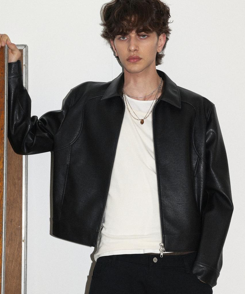 DOFFJASON Contour Crop Leather Jacket Black